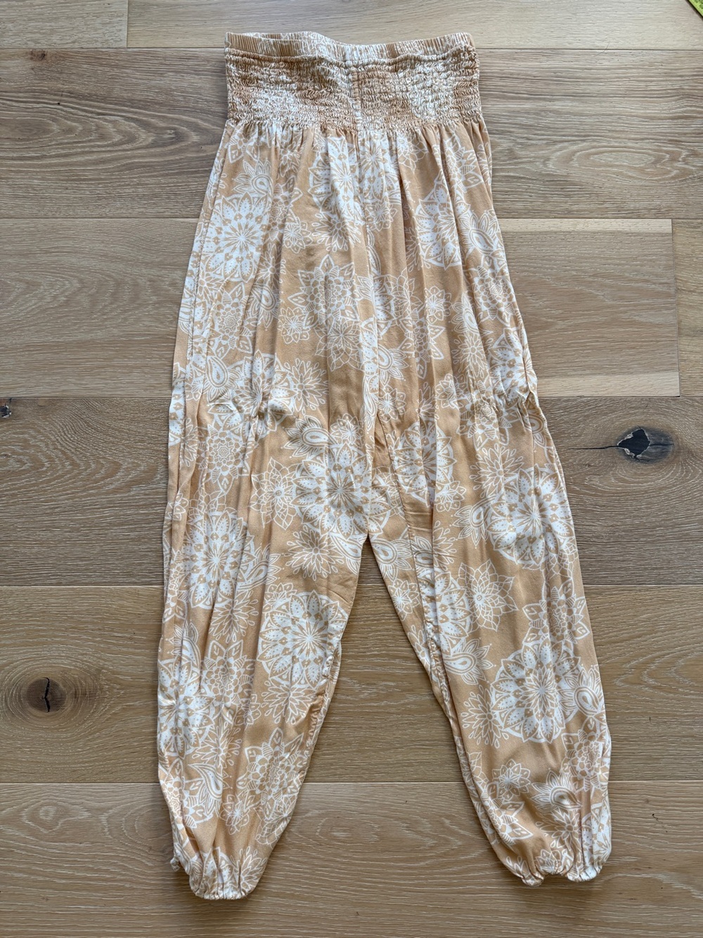 Lotus and Luna Beige Floral Smocked Waist Harem Pants